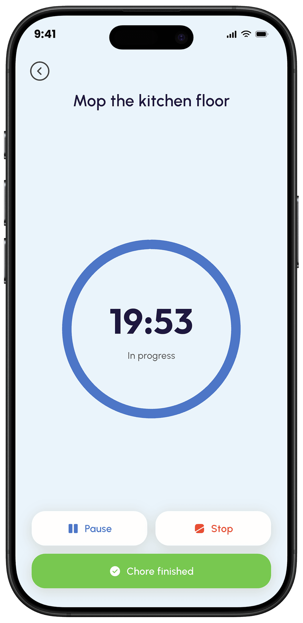 Benny app chore timer screen counting down 19:53 while mopping the kitchen floor, with Pause, Stop, and Chore finished controls