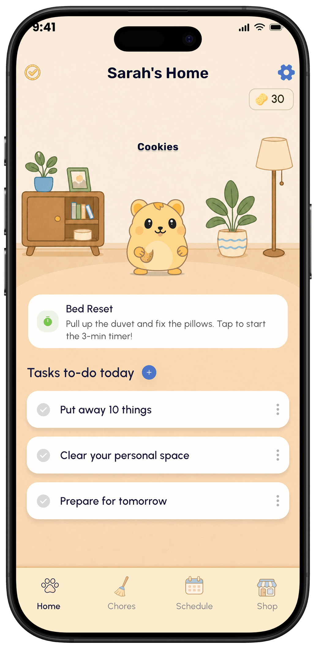 Benny app home screen showing a pet hamster, a Bed Reset chore, and today's task list