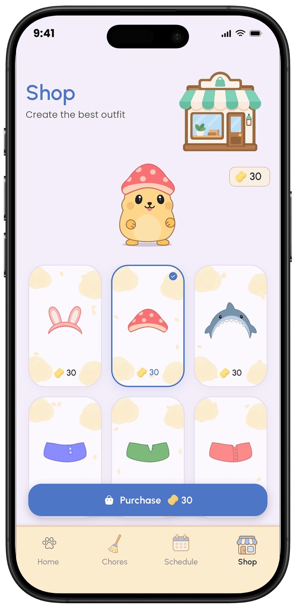 Benny app Shop screen with a pet hamster wearing a mushroom hat and a grid of accessories to buy with Sponge Points