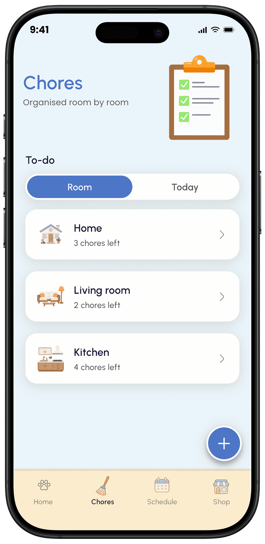Benny app Chores screen organised room by room, with Home, Living room, and Kitchen each showing chores left