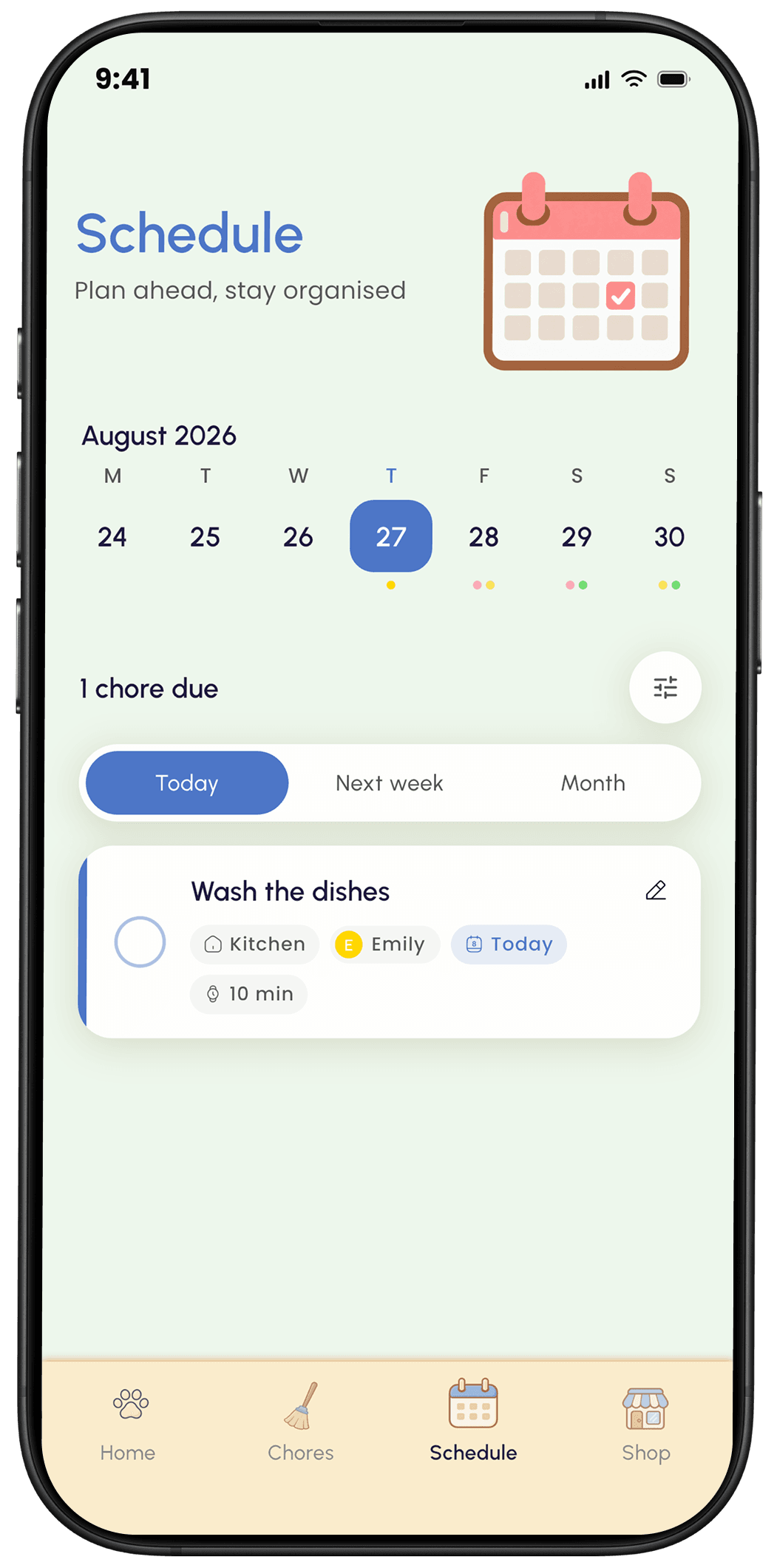 Benny app Schedule screen for August 2026 showing one chore due, Wash the dishes, assigned to Emily in the Kitchen
